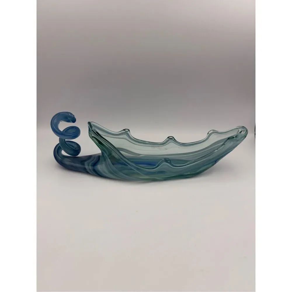 Vintage Handblown Art Glass Water Swirled Blue Green Long 14'' Murano Style